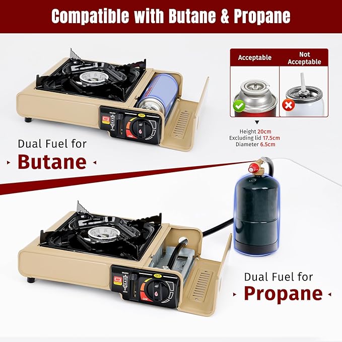 SHINESTAR Dual Fuel Camping Stove with Butane & Propane Compatibility, Portable Stove for Outdoor Cooking, Propane Adapter Hose, Wind Guard and Carrying Case Included, 7800 BTUs Output, Khaki
