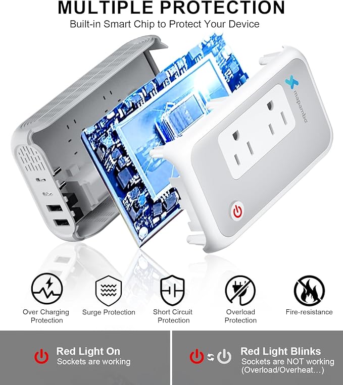 220V to 110V Voltage Converter US to Europe for Curling Iron and Hair Straighteners, Power Converter for European Travel Plug Adapter with 2 USB A & 2 USB C Ports (Grey White-Global)