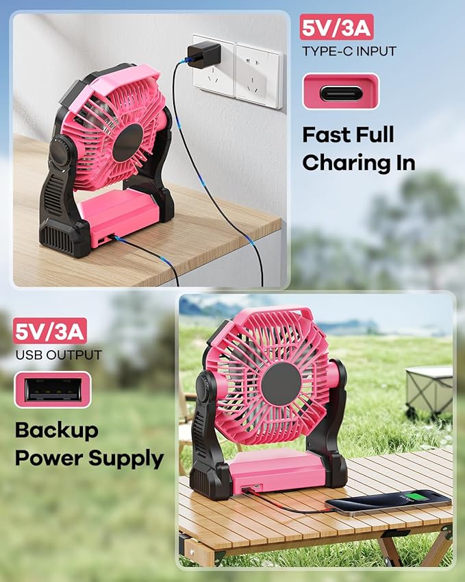 30000mAh Rechargeable Camping Fan with LED Lantern,Portable Battery Powered Outdoor Fan for Bedroom,Camping,Travel,Hiking,Beach,Office,Trave Accessories(Pink)