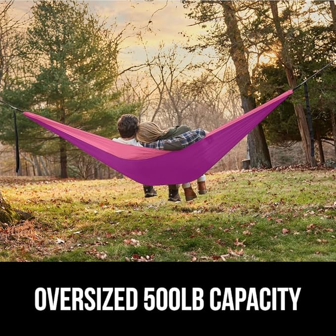 GORILLA GRIP Durable Portable Camping Hammock, Holds 500lbs with Heavy Duty Tree Straps, Comfortable Travel Swing, Camp Hammocks, Easy to Use and Install, Outdoor Essentials, Purple, 10x6.5 FT