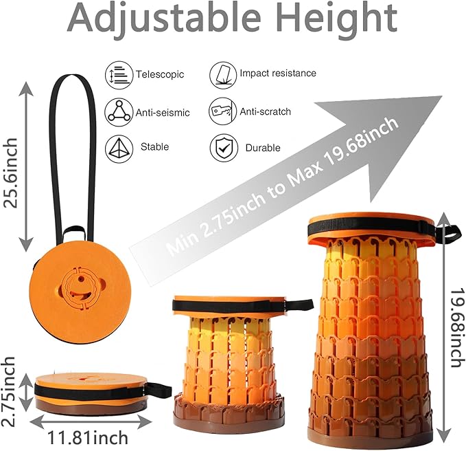 Upgraded XXL Collapsible Stool with Cushion,19.7"H-11.8"D Telescoping Folding Stool for Adults,More Sturdy Portable Camping Stools with Load Capacity 1000lbs for Outdoor,Garden,Fishing,Hiking