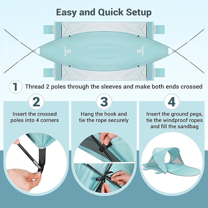 Beach Tent Sun Shelter, Beach Tent with Beach Mat Set, 4 Person Portable Beach Shade Canopy with UPF 50＋ UV Protection, Dual-Door Ventilation Design, Easy Setup Family Beach Umbrella (Green)