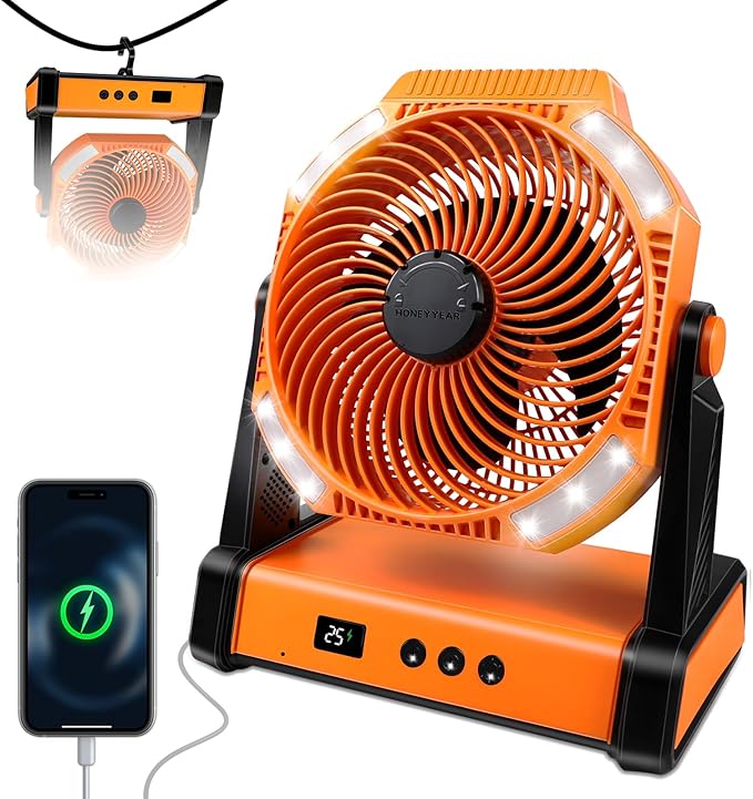 Camping Fan with Smart Voice， 22500mAh Battery Powered Portable Fan with Light&Hook, 5-Speed 270°Adjustable, Camping Essentials for Indoor, Tent, Travel, Patio, RVing, BBQ, Fishing, Jobsite
