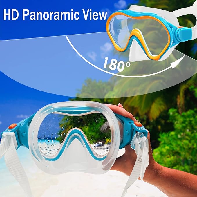 Kids Mask Fins Snorkel Set Snorkeling Packages, with Diving Mask, Snorkel, Adjustable Swim Fins, Mesh Bag, Anti-Fog Anti-Leak Snorkeling Gear for Kids for Snorkeling Swimming Diving