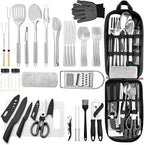 Portable Camping Kitchen Utensil 34 Pcs Set- Cookware Kit, Stainless Steel Outdoor Cooking and Grilling Utensil Organizer Travel Set Perfect for Travel, Picnics, RVs, Camping, BBQs, Parties