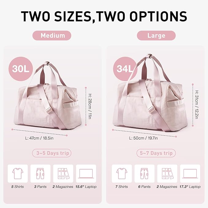 BAGSMART Gym Bag for Women, Carry on Weekender Overnight Bag, Travel Duffel Bags with Trolley Sleeve, Personal Item Travel Bag Tote Bag Workout Dance Bag(Pink,Medium)