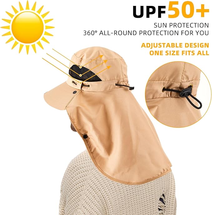 Cuffbow 3 Pcs Sun Hat for Men Women with Neck Flap Breathable Wide Brim Bucket Hat UV Protection UPF 50+ Fishing Hiking