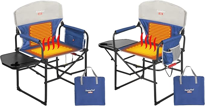 SUNNYFEEL Heated Camping Directors Chair 2 Pack, Portable Folding Lawn Chairs for Adults Heavy Duty with Side Table,Pocket for Beach, Fishing,Picnic,Concert Outdoor, Foldable Camp Chairs
