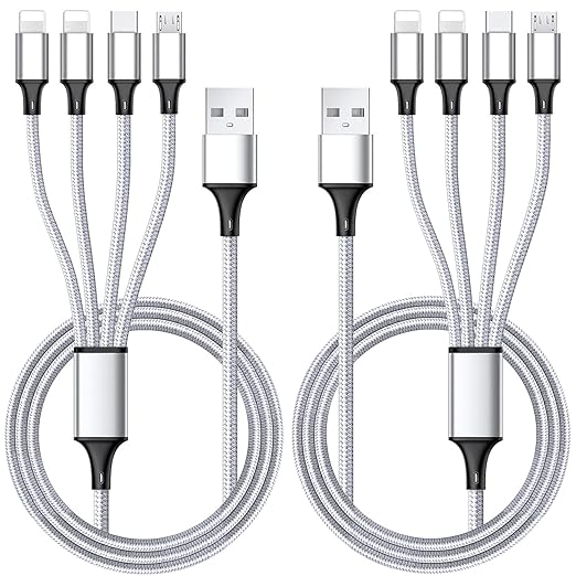 Puxnoin Multi Charging Cable, Multi USB Cable 2Pack 4FT Universal 4 in 1 Multiple USB Cable Fast Charging Cord with Type-C, Micro USB Connectors for Cell Phones Tablets, Silver