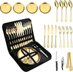 Picnic Dishes Utensils Gold Camping Flatware Set for 4 Portable Tableware Plates Silverware Forks Spoons knives Bottle Opener Food Tongs Complete Kit with Zipper Bag