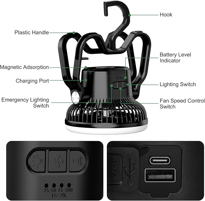 Portable Rechargeable Camping Fan with LED Lantern-40Hrs, Battery Operated Oscillating Fan with Remote, 3 Speeds for Tents, Outdoor, RV, Outage（Black）