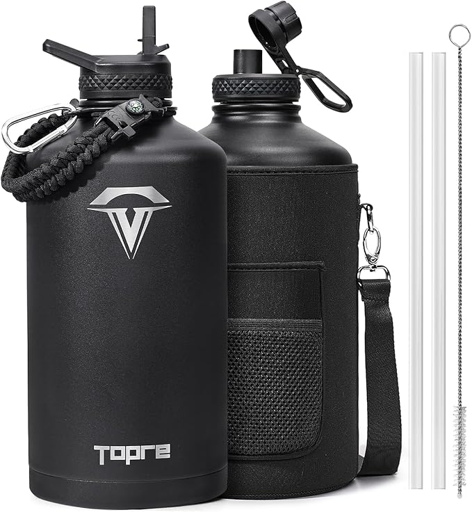 One Gallon Water Bottle,128oz Insulated Water Flask Stainless Steel Vacuum, Cold for 48 Hrs,BPA-Free & Leakproof -with Paracord Handle,Strap,Straw Spout Lids,Large Jug for Gym Sports,Black