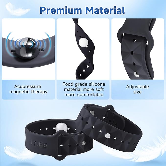 LYJEE Motion Sickness Bands Sea Sickness Wristbands Adjustable Acupressure Nausea Wristband/,Natural Relief of Nausea Headaches,Anxiety,Sleep Aid, Morning Sickness,Motion Sickness-(Black+Blue)