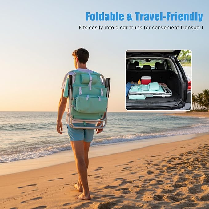 SUNNYFEEL Low Beach Chair, 5-Position Lay Flat Reclining, Backpack Portable Folding Chair with Cooler Bag & Cup Holder, Heavy Duty 350 LBS, Compact for Beach, Camping, Travel