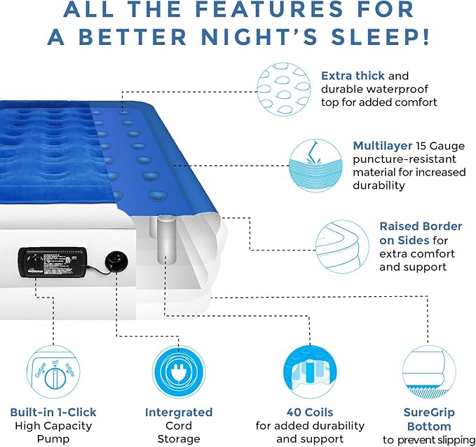SoundAsleep Products Dream Series Luxury Air Mattress, ComfortCoil Technology, Built-in High Capacity Pump for Home, Camping- Double Height, Adjustable, Inflatable Blow Up, Portable (Twin Size)