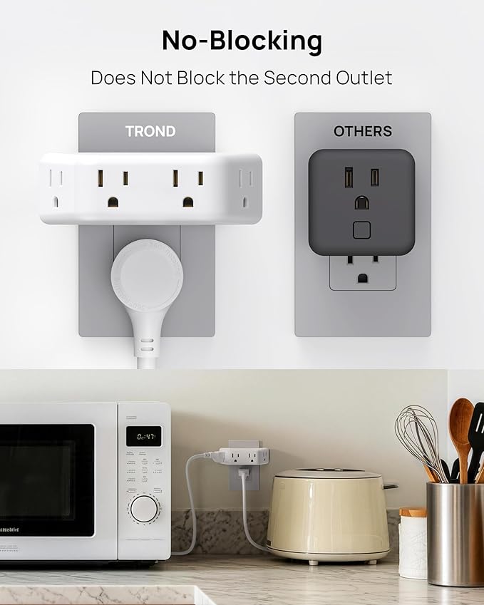 TROND Outlet Extender Surge Protector - Multi Plug Wall Outlet with 4 Grounded Sockets, 3 Way Angled Plug Adapter, 900J, Electrical Wall Splitter for Bathroom Kitchen Office, White