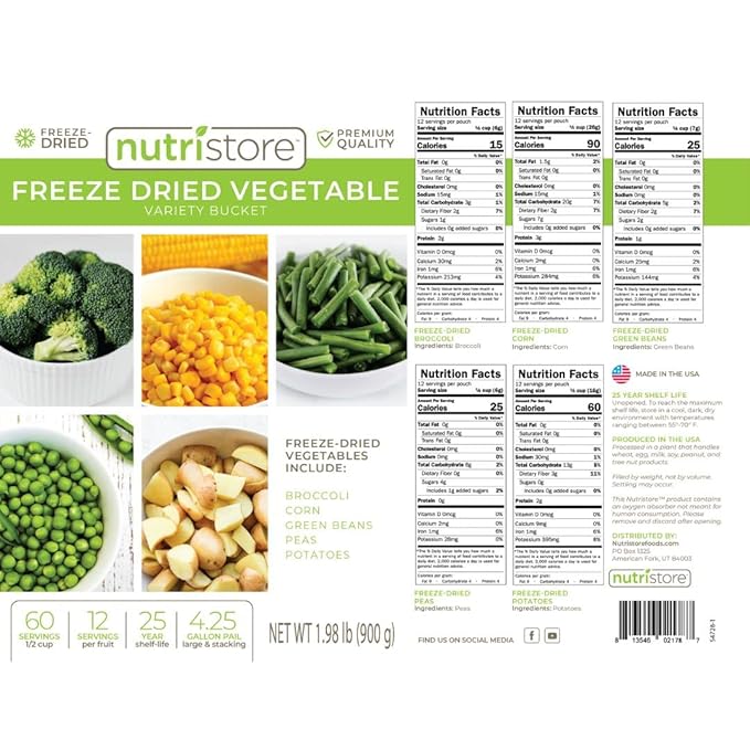 Nutristore Emergency Buckets | Premium Freeze-Dried Vegetables | 25-Year Shelf Life | Made in USA | Emergency Survival Food Supply | 60 Large Servings (Vegetable - Single Bucket)