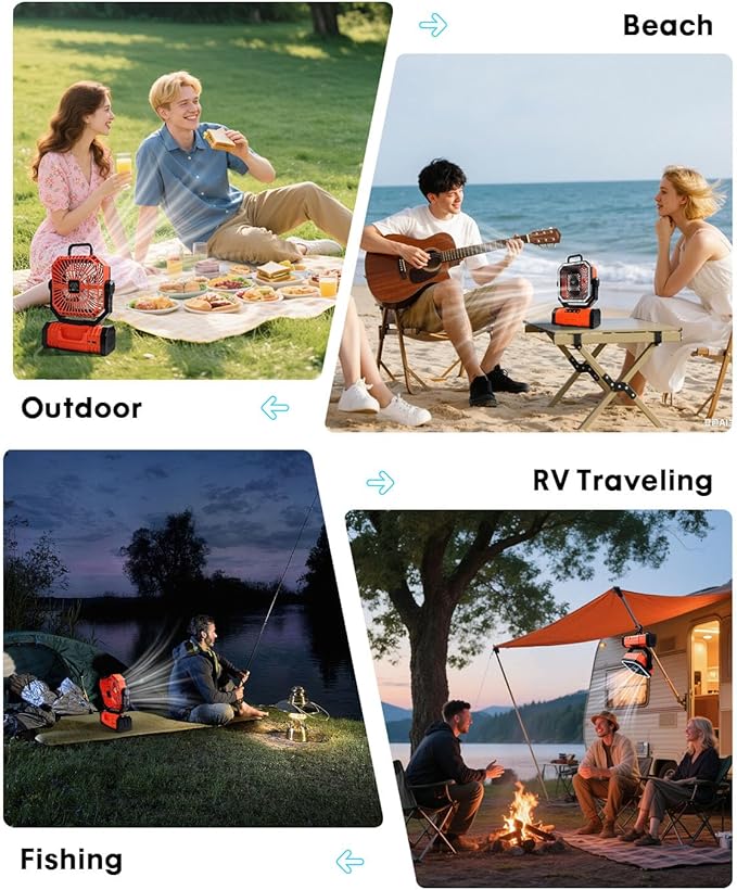Camping Fan with Bluetooth Speaker Portable Fan,20000mAh Rechargeable Battery Powered Fans, 360° Hanging Hook for Outdoor Picnic Tent Beach Travel Barbecue, Orange