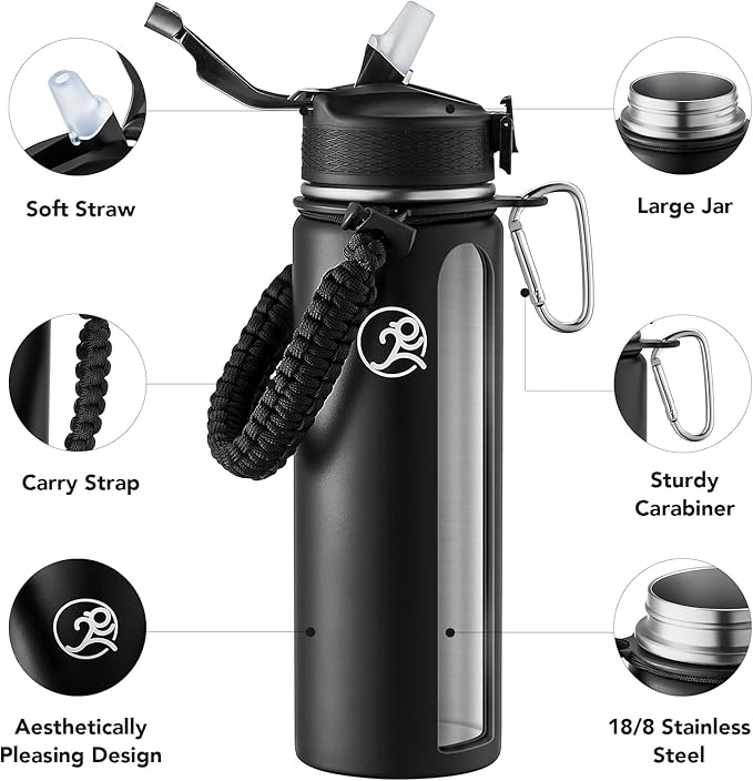 GOSWAG Insulated Sports Water Bottle, 24oz 2 Lids(with Straw/No Straw), Stainless Steel Water Bottles with Paracord Handle, Insulated Bottle with Double-Wall Vacuum Insulation