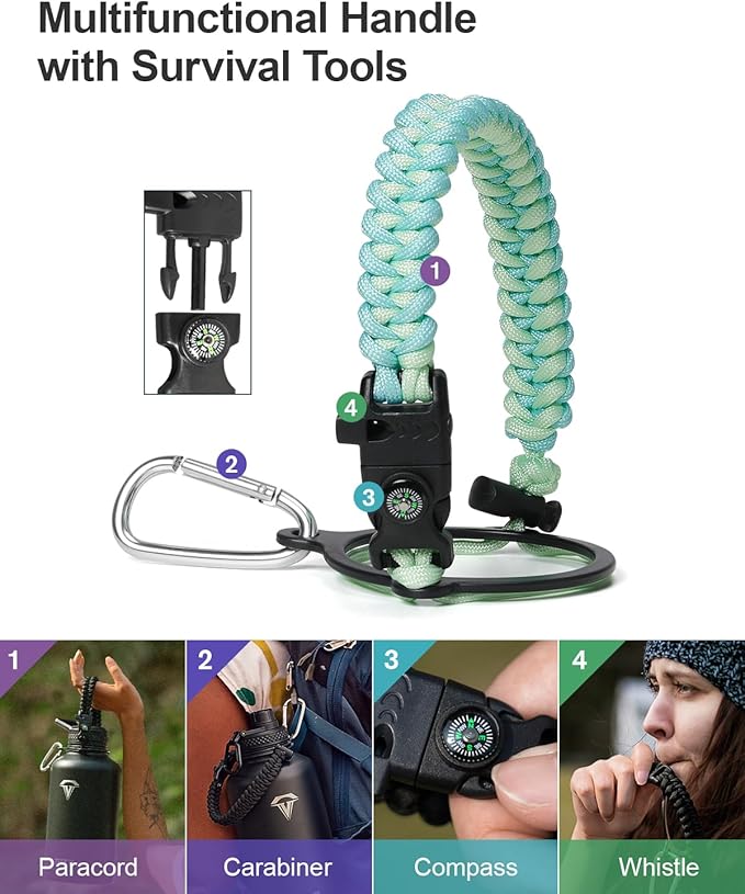 Insulated Water Bottle 64oz,Half Gallon Water Flask Stainless Steel Vacuum, Cold for 48 Hrs,BPA-Free & Leakproof -with Paracord Handle, Strap,Straw Spout Lids,Large Jug for Gym Sports,Green