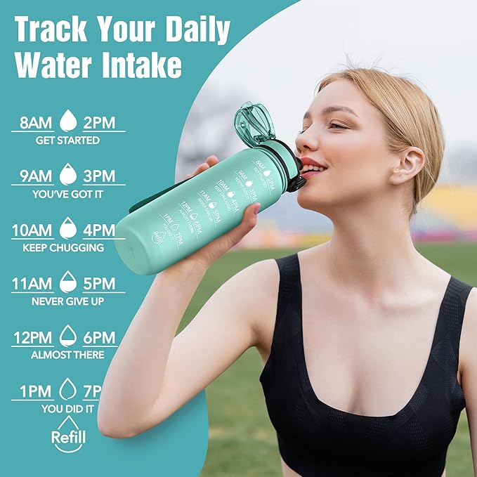 OLDLEY Water Bottle, 32oz Motivational Sports Water Bottle with Time Marker - Times to Drink - Tritan, BPA Free, Wide Mouth Leakproof, Mint Matte (1 Bottle)