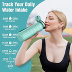 OLDLEY Water Bottle, 32oz Motivational Sports Water Bottle with Time Marker - Times to Drink - Tritan, BPA Free, Wide Mouth Leakproof, Mint Matte (1 Bottle)