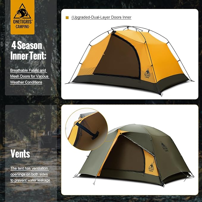 OneTigris Stella 4 Season Camping Tent Backpacking 2 Person Waterproof Lightweight Easy Setup Instant 3000mm Waterproof Rating Outdoor Hiking Tent