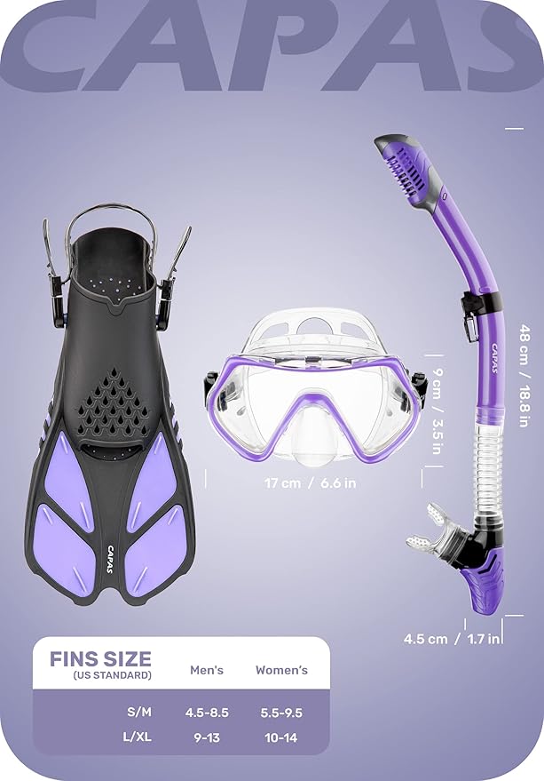 CAPAS Snorkel Mask Fins Set, Travel Size Snorkeling Gear for Adults with Adjustable Fins, Diving Mask and Dry Top Snorkel, Come with a Carrying Bag