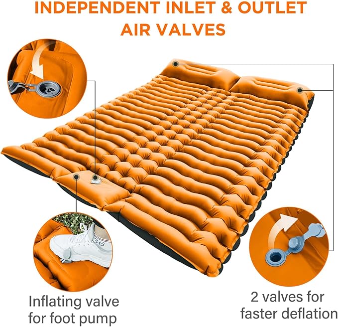 Double Camping Sleeping Pad, Self-Inflating 4" Ultra-Thick Foot-Press Design – Lightweight 2-Person Outdoor Mat with Pillow for Camping, Hiking, Backpacking, Travel – Orange