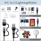 3-in-1 USB C Travel Charging Cable for Apple Watch, iPhone, Lightning Devices, Multi Device Charger Cord for Office, Camping