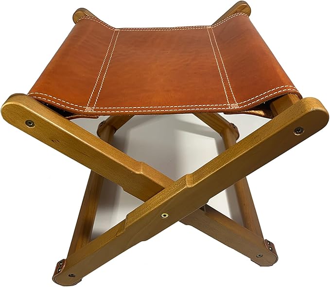 Foldable Leather Stool, Portable Beech Wood Artist Folding Stool, Italian Top Vegetable Tanned Leather Seat, Home Fashion Genuine Leathers Director’s Stools for Home Outdoor Camping Fishing