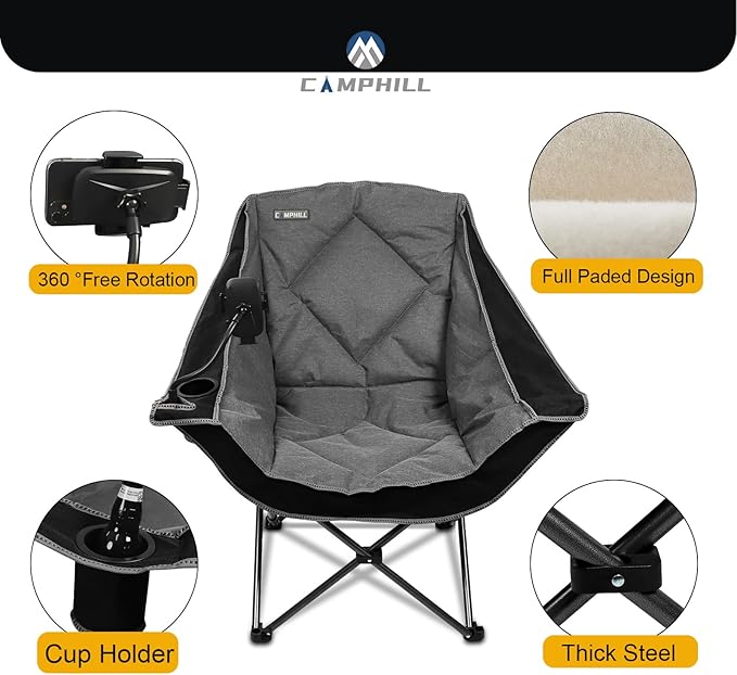 Folding Camping Chair,Oversized Portable Camping Chair with Cup Holder and Phone Holder,Heavy Duty Padded Lawn Chair for Camping, Tailgates, Beach, and Sports