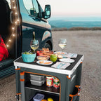 EAGLE PEAK Outdoor Folding Camping Table with Large 3-Tier Storage Organizer and Side Pockets, Easy Set Up Portable Aluminum Camping Kitchen, Gray