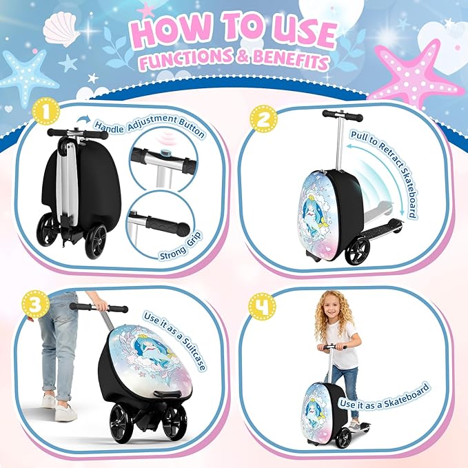 Baotree Scooter Suitcase for Kids, 2 in 1 Ride-on Luggage with Flash PU Wheels, Adjustable Handle & TPR Non-Slip Grip, Foldable & Lightweight, Ages 5-12
