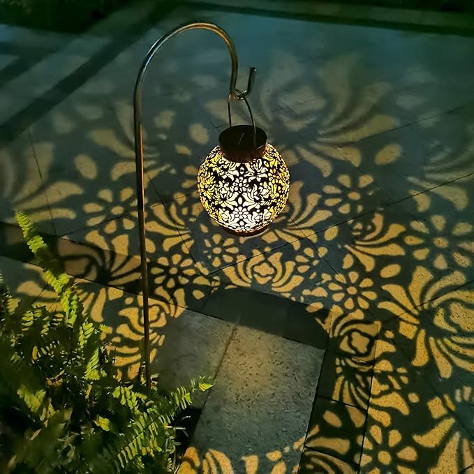 Outdoor Solar Hanging Lantern Lights Metal LED Decorative Lamp for Garden Patio Courtyard Lawn and Table with Hollowed-Out Design (Bronze)