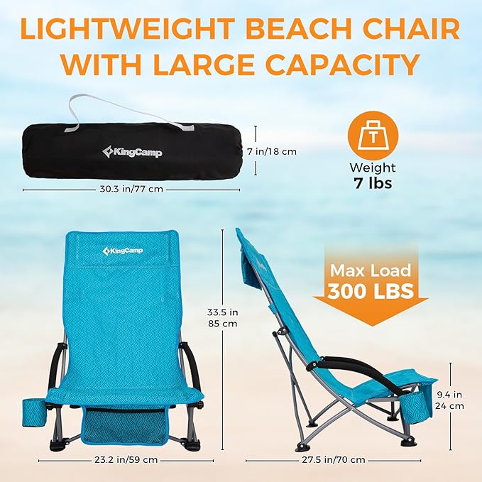 KingCamp Low Beach Chairs, Portable Folding Chair for Adults Extra Wide Ergonomic High Back Seat 300lbs Heavy Duty Lightweight Oversized Gear with Carry Bag for Outdoor Lawn Camping Picnic