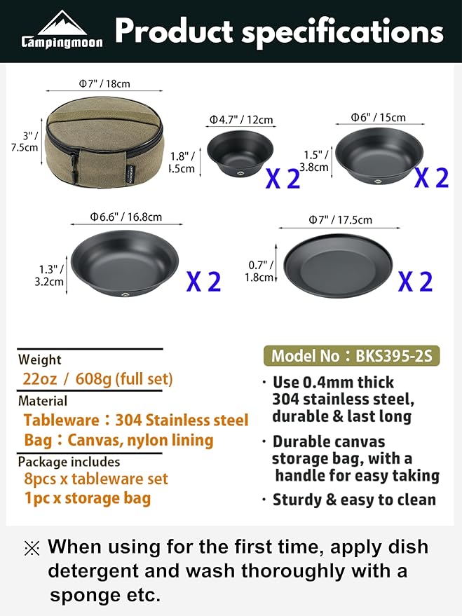 CAMPINGMOON 8pcs Camping Mess Kit Φ4.7"~Φ7" Bowls Plates Black BKS395-2S