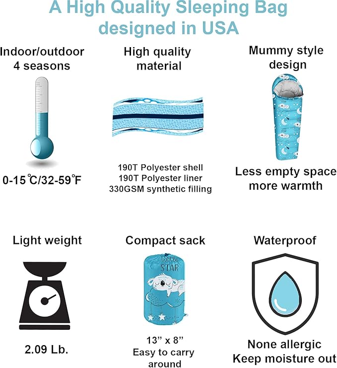 KidzAdventure Mummy Style 32 – 59F Kids Sleeping Bag with Pillow Sleeve, 4 Season, Lightweight and Backpacking Style, Ideal for Camping, Sleepover, Boys, Girls, Youth and Toddlers