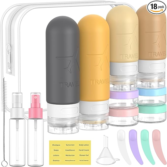 ME.FAN 18 Pack Travel Bottles for Toiletries, TSA Approved Travel Size Containers Set, Silicone Squeezable Portable Split Bottle, Travel Accessories for Conditioner, Shampoo, Lotion - Yellow