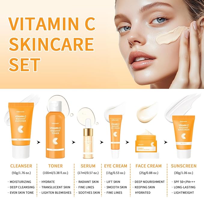 Skincare Gift Set for Teenage Girls,Vitamin C Skin Care Set - 6 Piece Gentle Skin Cleaning & Care Travel Size Kit With Cleanser, Toner, Face Serum,Eye Cream,Sunscreen,Face Cream Brighten Face Care Kit