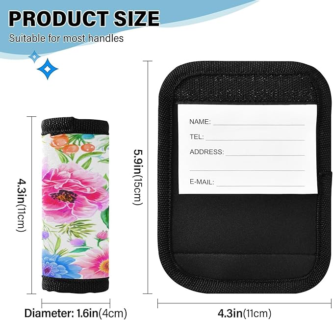 4 Pack Colorful Flowers Luggage Handle Wrap, Detachable Luggage Tag, Neoprene Suitcase Wrap with Comfort Grip & Bright Identifier for Suitcase, Travel Bag, Sports Bag
