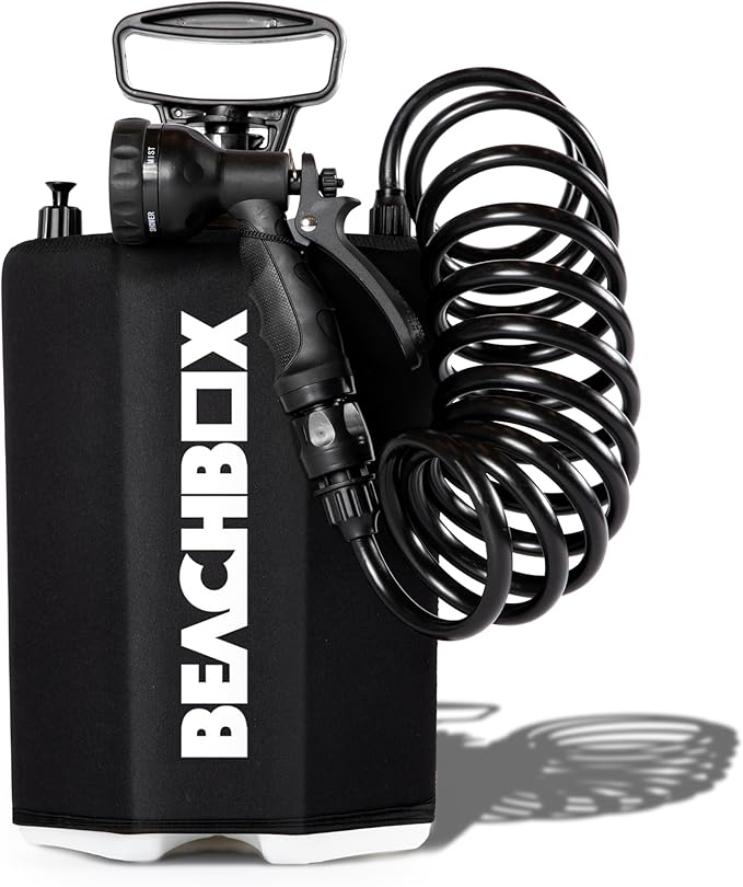 BeachBox Portable Shower Tank – Insulated Hot & Cold Water Tank for Camping, Beach, & Outdoor Adventures – 1.3 Gal Capacity – Multi-Spray Shower Gun – Easy Fill & Carry