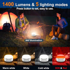 LED Camping Lantern Rechargeable 1400LM, Up to 420H Running Time Camping Tent RGB Light, 10400mAh Emergency Hanging Light for Hurricane, Power Outages, Home, Hiking, White