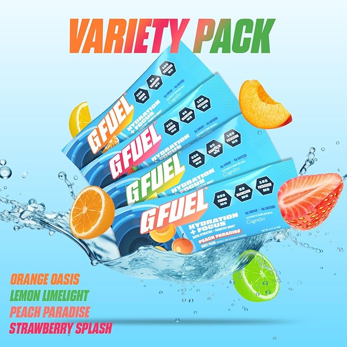 G Fuel Electrolytes Powder for Instant Hydration and Focus | Sugar Free Electrolytes Variety Pack of Lemon, Orange, Peach, Strawberry, Nootropic Drink Mixes to Sharpen Mental Focus, 12 Servings