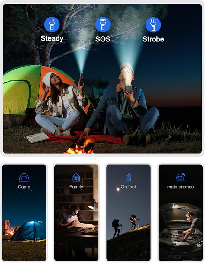 Solar Charger Power Bank, 49800mAh Wireless Portable Phone Charger, 15W QC3.0 Fast Charging External Battery Pack with 4 Built-in Cables, USB-C in/Output, with Dual Flashlights for Outdoor (Blue)