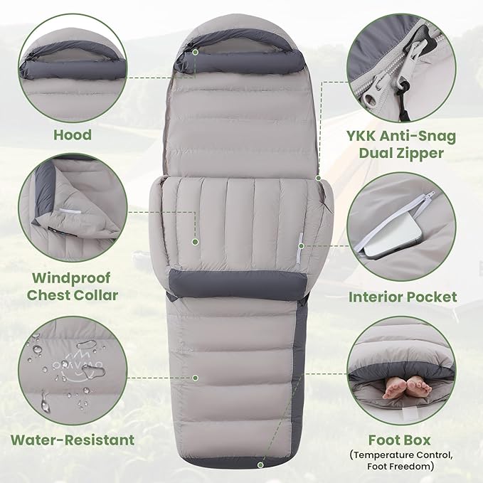 -10°F 0°F 10°F 15°F Down Sleeping Bag for Adults,800/650 Fill Power,Ultralight Wearable 4 Season Cold Weather Rectangle Sleeping Bag for Camping Hiking,Can be Used as a Down Blanket or Cloak