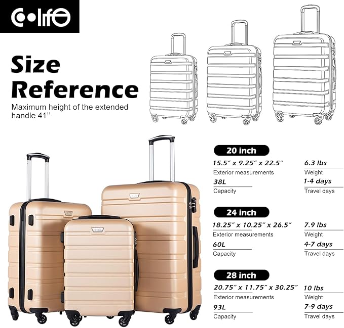 Coolife Luggage 3 Piece Set Suitcase Spinner Hardshell Lightweight TSA Lock (orange)