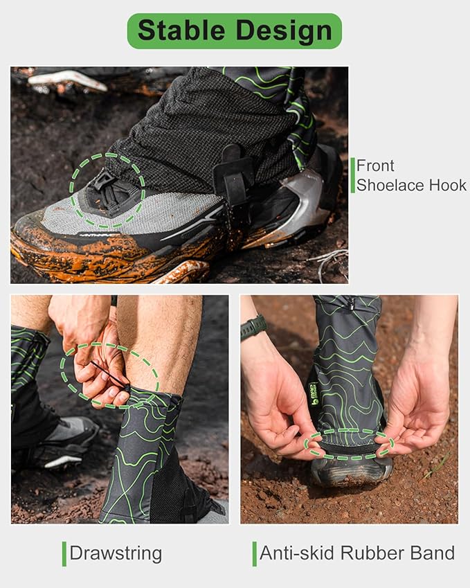 Trail Gaiters, Waterproof Low Shoe Protectors, Adjustable Boots Gators for Hiking & Running - Prevents Debris in Shoes