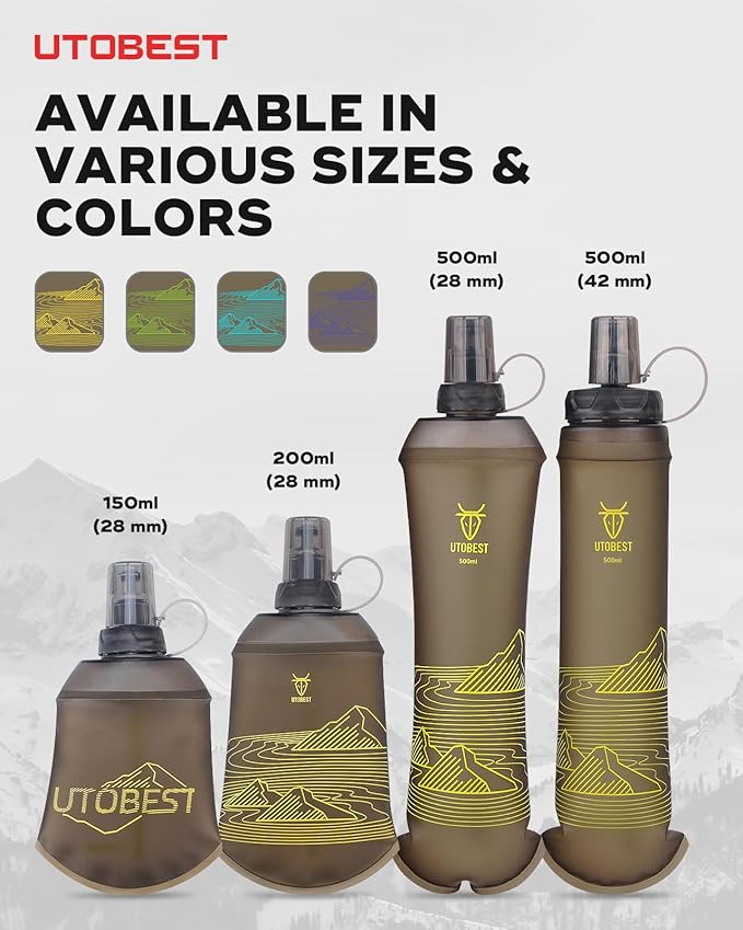 UTOBEST 500ml Soft Flask, 2 Pack Flexible TPU Hydration Water Bottle, Collapsible with 42mm Caliber for Running, Hiking, Cycling, Climbing, and Marathon Yellow