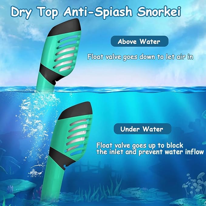 Vvinca Snorkeling Gear for Kids Dry Top Kids Snorkel Set for Boys Girls Junior Youth Children Age 4-14 Swim Goggles with Nose Cover Anti-Fog Panoramic View Adjustable Elastic Diving Mask and Snorkel